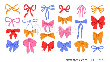 Decorative bows and ribbons. Gift wrapping elements, color bow knots, girl hair accessories, holiday decor, present embellishments for party for wrapping. Vector collection Decorative bows and ribbons. Gift wrapping elements, color bow knots, girl hair accessories, holiday decor, present embellishments for party for wrapping. Vector collection 119024409