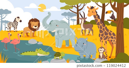 African animals. Cartoon Savannah wildlife scene. Landscape with animals, birds, reptiles. Safari lion, giraffe elephant, zebra, crocodile in pound. Vector illustration 119024412