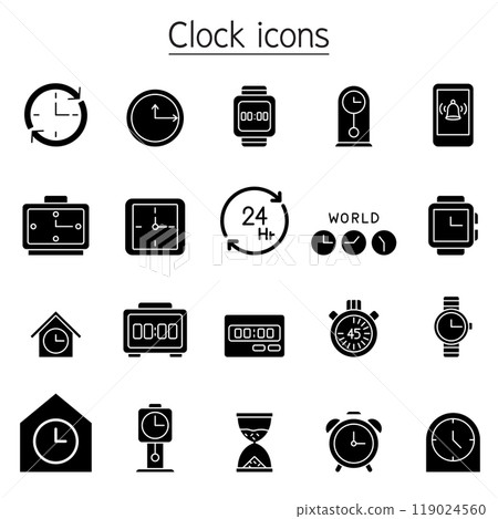 Clock, watch, stopwatch icon set in glyph style 119024560