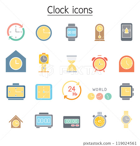 Clock, watch, stopwatch icon set in flat color style 119024561