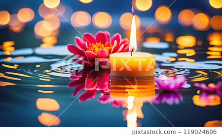 Tranquil Floating Candle with Flowers in Serene Water for Relaxation and Meditation.festive scene for Diwali holiday Tranquil Floating Candle with Flowers in Serene Water for Relaxation and Meditation.festive scene for Diwali holiday 119024606
