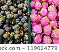 Mangosteen and dragon fruit organic in market. tropical fruit background. 119024779