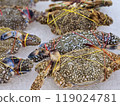Close up of fresh frozen crab on ice in supermarket. Raw and fresh seafood on the ice. 119024781