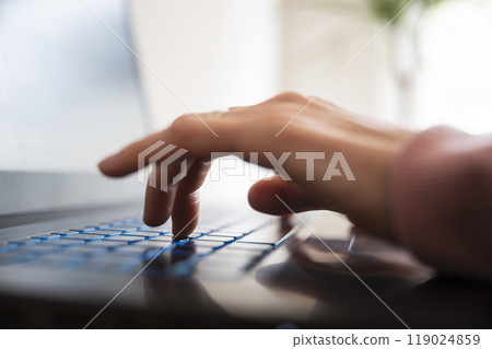 Closeup view of female hands using and typing on laptop computer 119024859