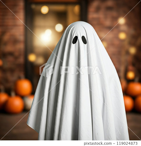 Person Dressed as a Ghost in a White Sheet for Halloween in a Spooky, Festive Setting 119024873