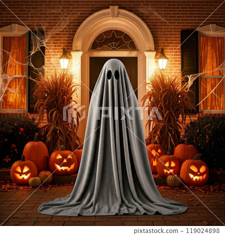 Person Dressed as a Ghost in a White Sheet for Halloween in a Spooky, Festive Setting 119024898