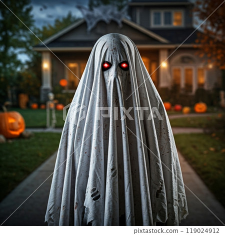 Person Dressed as a Ghost in a White Sheet for Halloween in a Spooky, Festive Setting 119024912