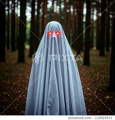 Person Dressed as a Ghost in a White Sheet for Halloween in a Spooky, Festive Setting 119024913