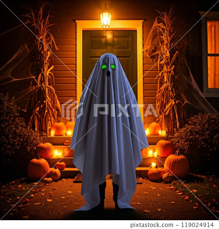 Person Dressed as a Ghost in a White Sheet for Halloween in a Spooky, Festive Setting 119024914