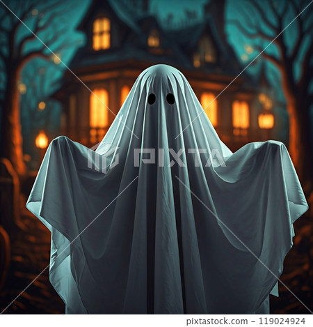 Person Dressed as a Ghost in a White Sheet for Halloween in a Spooky, Festive Setting 119024924