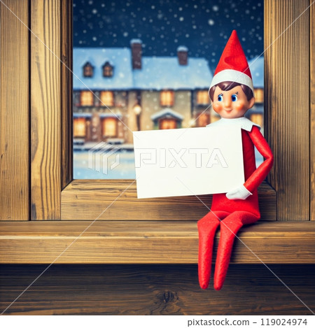 Elf on the Shelf Holding a Blank Banner Festive Holiday Decor with Customizable Message 119024974