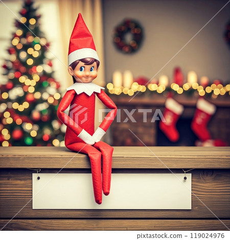 Elf on the Shelf Holding a Blank Banner Festive Holiday Decor with Customizable Message 119024976