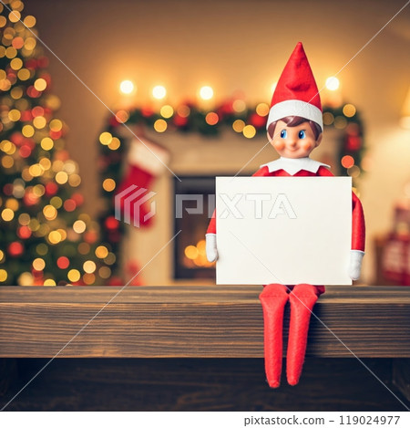 Elf on the Shelf Holding a Blank Banner Festive Holiday Decor with Customizable Message 119024977