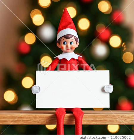Elf on the Shelf Holding a Blank Banner Festive Holiday Decor with Customizable Message 119025002