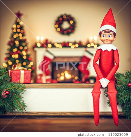 Elf on the Shelf Holding a Blank Banner Festive Holiday Decor with Customizable Message 119025009