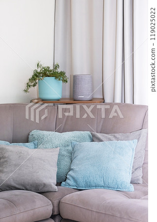 Cozy living room with potted plant and smart speaker on side table. Cozy living room with potted plant and smart speaker on side table. 119025022