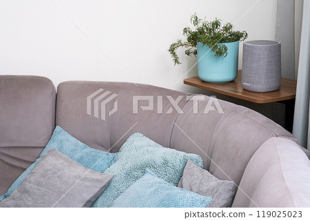 Cozy living room with potted plant and smart speaker on side table. 119025023