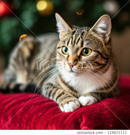 Cats in a Cozy Setting with Blurred Christmas Background Festive and Warm Holiday Atmosphere Cats in a Cozy Setting with Blurred Christmas Background Festive and Warm Holiday Atmosphere 119025111