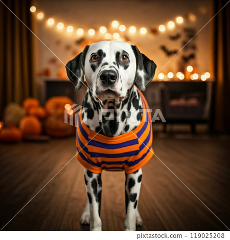 Dog in Halloween Costume with Blurred Spooky Background Festive and Fun Halloween Atmosphere 119025208