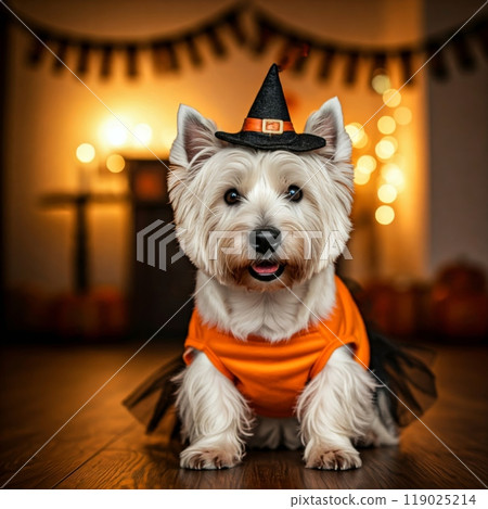 Dog in Halloween Costume with Blurred Spooky Background Festive and Fun Halloween Atmosphere 119025214