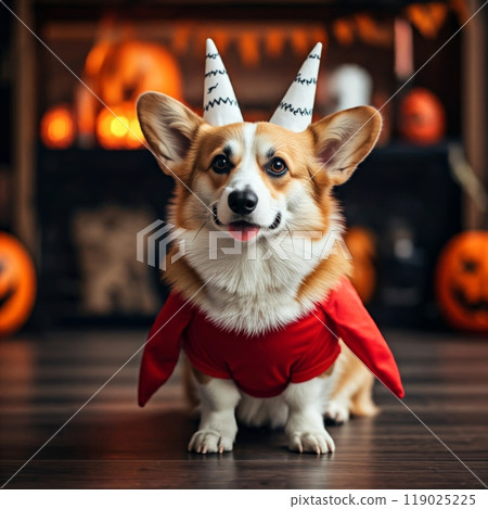 Dog in Halloween Costume with Blurred Spooky Background Festive and Fun Halloween Atmosphere Dog in Halloween Costume with Blurred Spooky Background Festive and Fun Halloween Atmosphere 119025225
