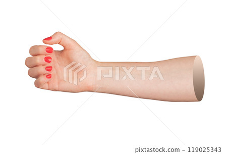 Woman s hand with red polished nails, elegantly holding a blank gift, isolated on white background. Woman s hand with red polished nails, elegantly holding a blank gift, isolated on white background. 119025343