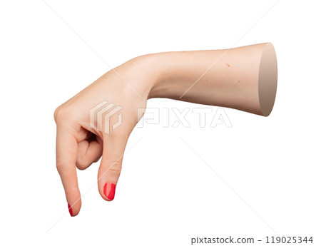 Woman s hand with red polished nails, fingers pinching a small, invisible object, isolated on white Woman s hand with red polished nails, fingers pinching a small, invisible object, isolated on white 119025344