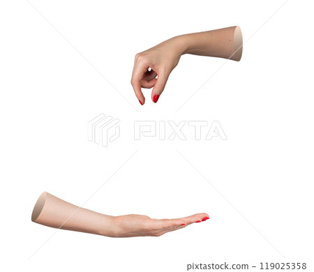 Hand donating in charity, open palm gesture to give and hold support. Volunteer helping poor and 119025358