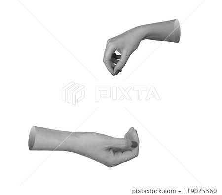 Hand offering help, open palm gesture for charity. Woman giving and receiving support, isolated on Hand offering help, open palm gesture for charity. Woman giving and receiving support, isolated on 119025360