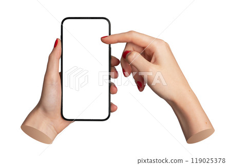 Woman holding a smartphone, thumb scrolling on the screen, isolated on white background. Mobile 119025378