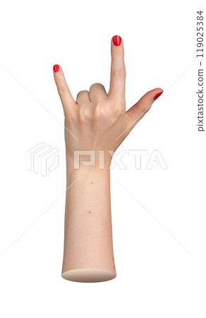 Woman s hand making a rock and roll devil sign, red polished nails, isolated on white background. 119025384