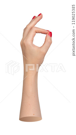 Woman s hand making an OK sign, thumb and index finger forming a circle, isolated on white 119025385