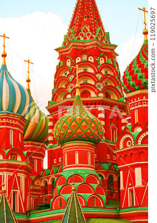 Saint Basil's Cathedral on Red Square in Moscow, Russia. Saint Basil's Cathedral is one of the main sights of Moscow. Close up. Saint Basil's Cathedral on Red Square in Moscow, Russia. Saint Basil's Cathedral is one of the main sights of Moscow. Close up. 119025697