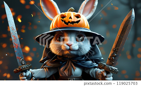 兔子在萬聖節派對上裝扮成戰士 兔子在萬聖節派對上裝扮成戰士 119025703