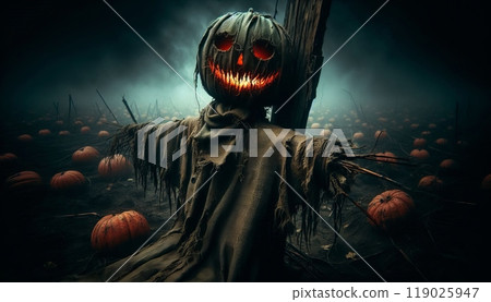 Evil Tattered Scarecrow in a Desolate Cornfield Under an Ominous Sky with Glowing Eyes and Circling Crows halloween 119025947