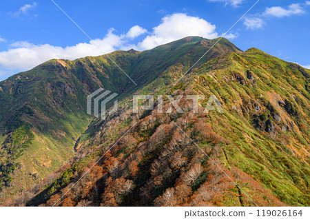 A spectacular view of the ridge leading to the autumn leaves of the Tanigawa mountain range and Mt. Mokura and the blue sky A spectacular view of the ridge leading to the autumn leaves of the Tanigawa mountain range and Mt. Mokura and the blue sky 119026164