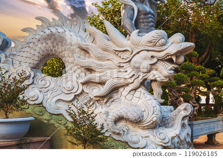 Stone Asian dragon statue on Linh Ung Buddhist Pagoda in Da Nang in Vietnam in Asia 119026185