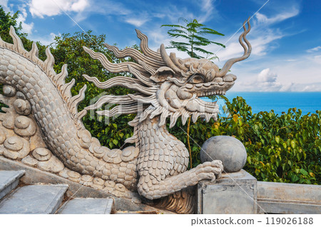 dragon statue decorates the staircase at Linh Ung Pagoda in Da Nang in Vietnam in Asia 119026188