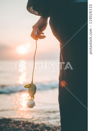 The hand of a man in a yukata holding a white rose on the beach at sunset 119026310