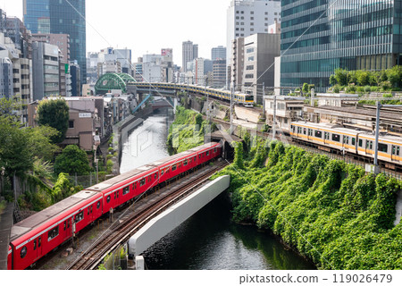 [Limited Express Azusa] Three-way trains crossing the Kanda River Bridge 119026479