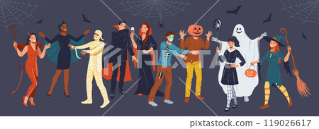 Friends in Halloween costumes flat vector illustration Friends in Halloween costumes flat vector illustration 119026617