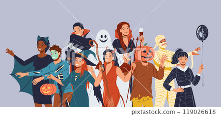 Group of friends in festive Halloween costumes illustration Group of friends in festive Halloween costumes illustration 119026618