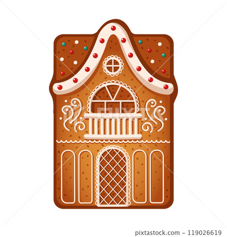 Gingerbread house with icing and sprinkles flat vector 119026619