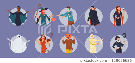 Group of people in Halloween costumes shows spooky gestures Group of people in Halloween costumes shows spooky gestures 119026626