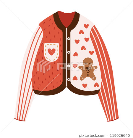 Cardigan with hearts and gingerbread man flat vector object Cardigan with hearts and gingerbread man flat vector object 119026640