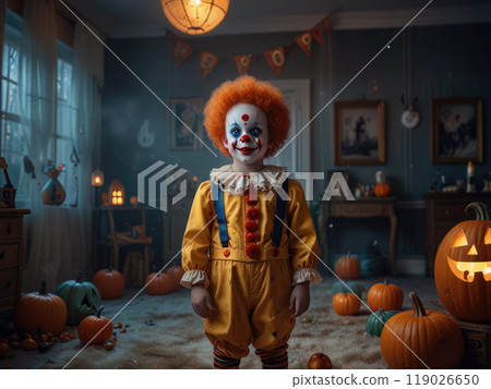 Spooky Halloween kid Clown Surrounded by Glowing Jack-o'-Lanterns Spooky Halloween kid Clown Surrounded by Glowing Jack-o'-Lanterns 119026650