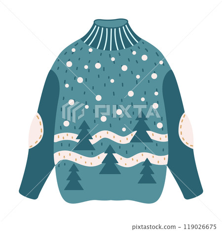 Wool Christmas sweater with snowy forest flat vector object 119026675