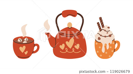 Steaming kettle with cocoa mugs flat vector objects set 119026679