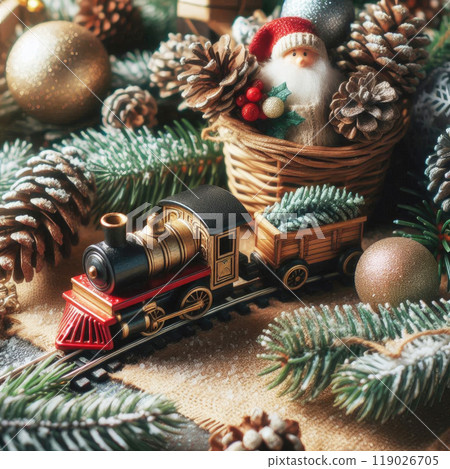 A Christmas toy train among the branches of Christmas trees and New Year's toys and gifts. 119026705
