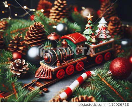 A Christmas toy train among the branches of Christmas trees and New Year's toys and gifts. A Christmas toy train among the branches of Christmas trees and New Year's toys and gifts. 119026718